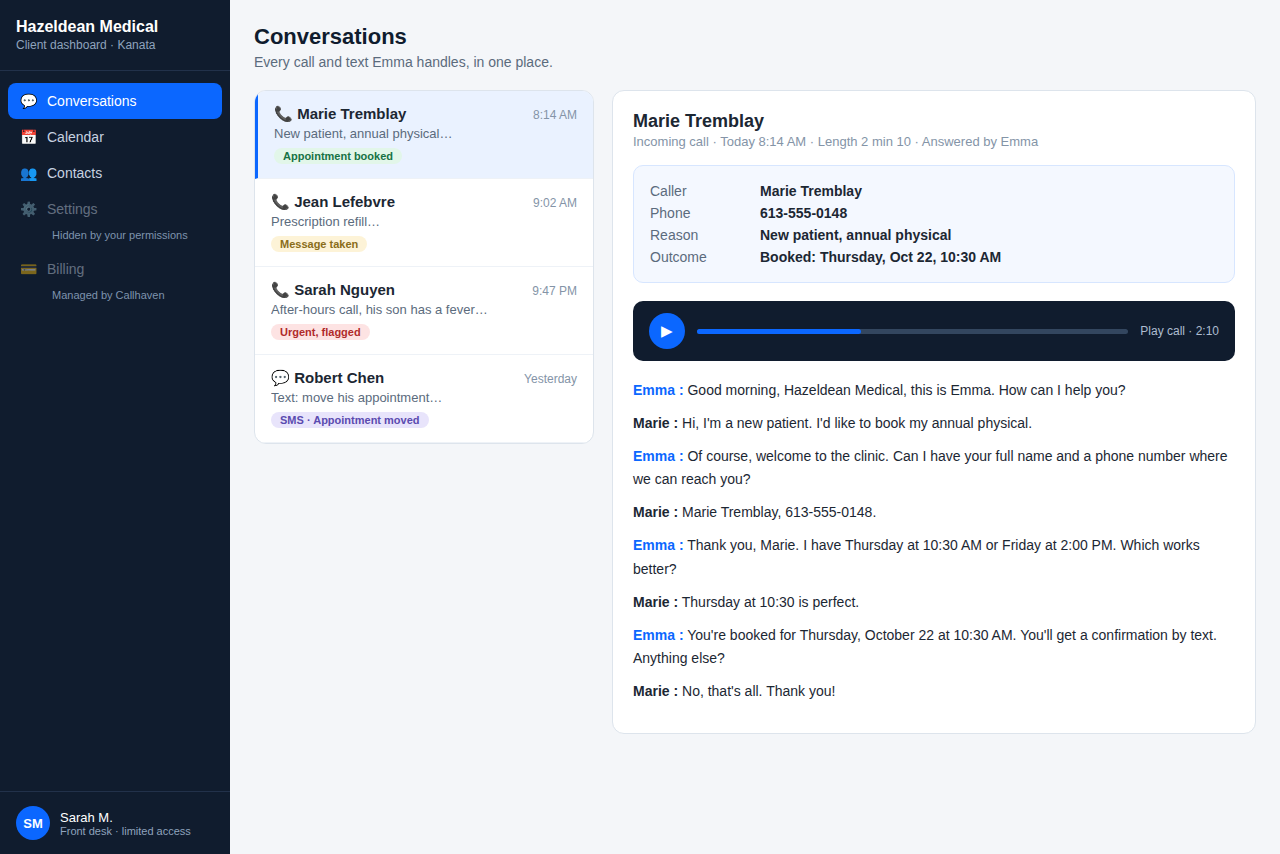 Preview of the client dashboard showing Emma's handled conversations with recordings and transcripts